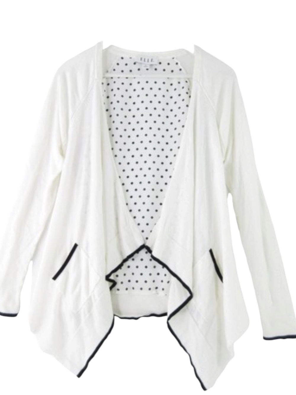 Elle Polka Dot Back Cardigan Sweater Off White Black Asymmetrical Hem Medium